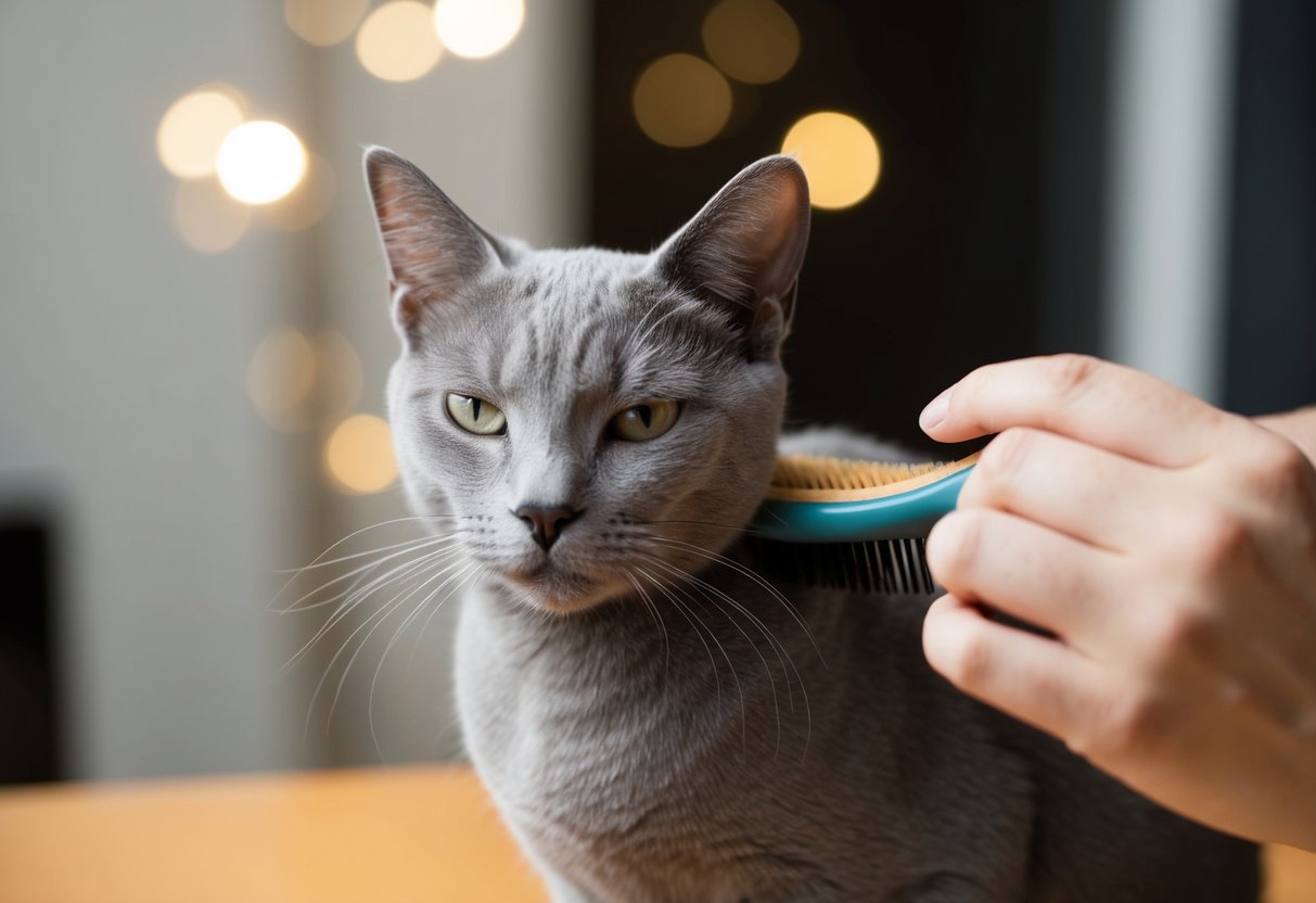 Eine elegante, kurzhaarige Katze wird von einer sanften Hand mit einer Bürste gepflegt. Die Katze ist zufrieden, hat einen entspannten Ausdruck und ein glänzendes Fell.