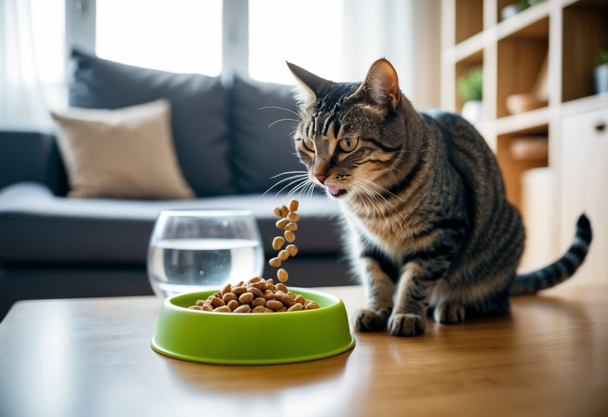 Eine Katze, die spezielles nierenfreundliches Futter in einer gemütlichen häuslichen Umgebung frisst, mit einem Wassernapf in der Nähe.