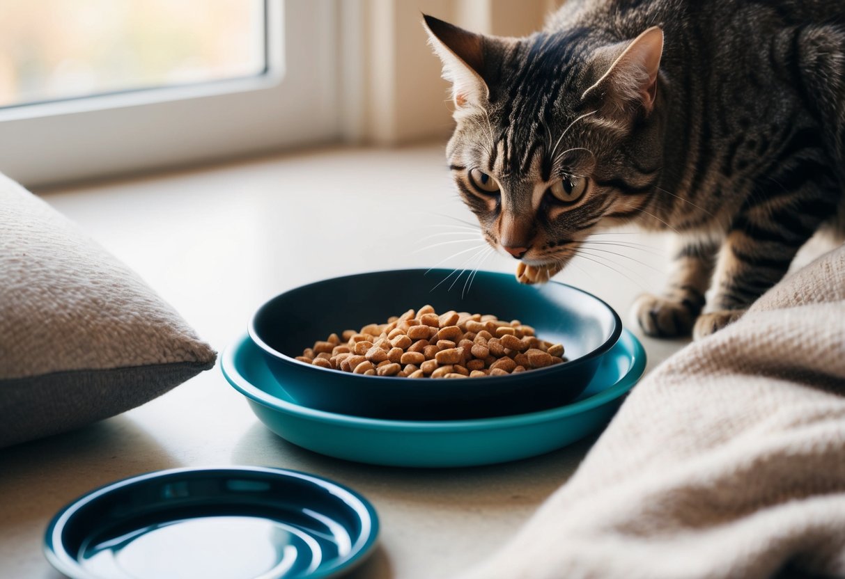 Eine Katze, die aus einer Schüssel mit spezieller Nierendiät-Futter frisst, mit einem Wassernapf in der Nähe. Die Katze befindet sich in einer friedlichen und komfortablen Umgebung, mit einem gemütlichen Bett oder einer Decke in der Nähe.