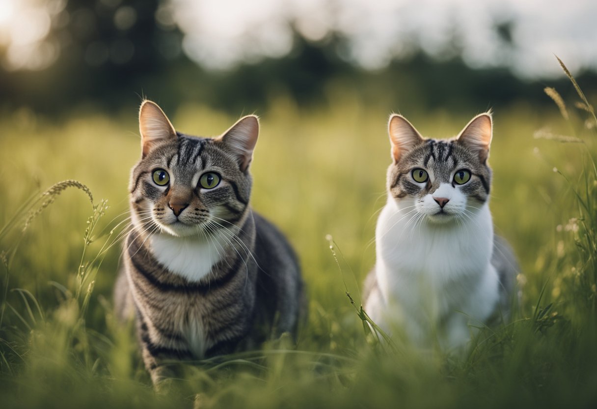 A cat stalking a chinchilla in a grassy field