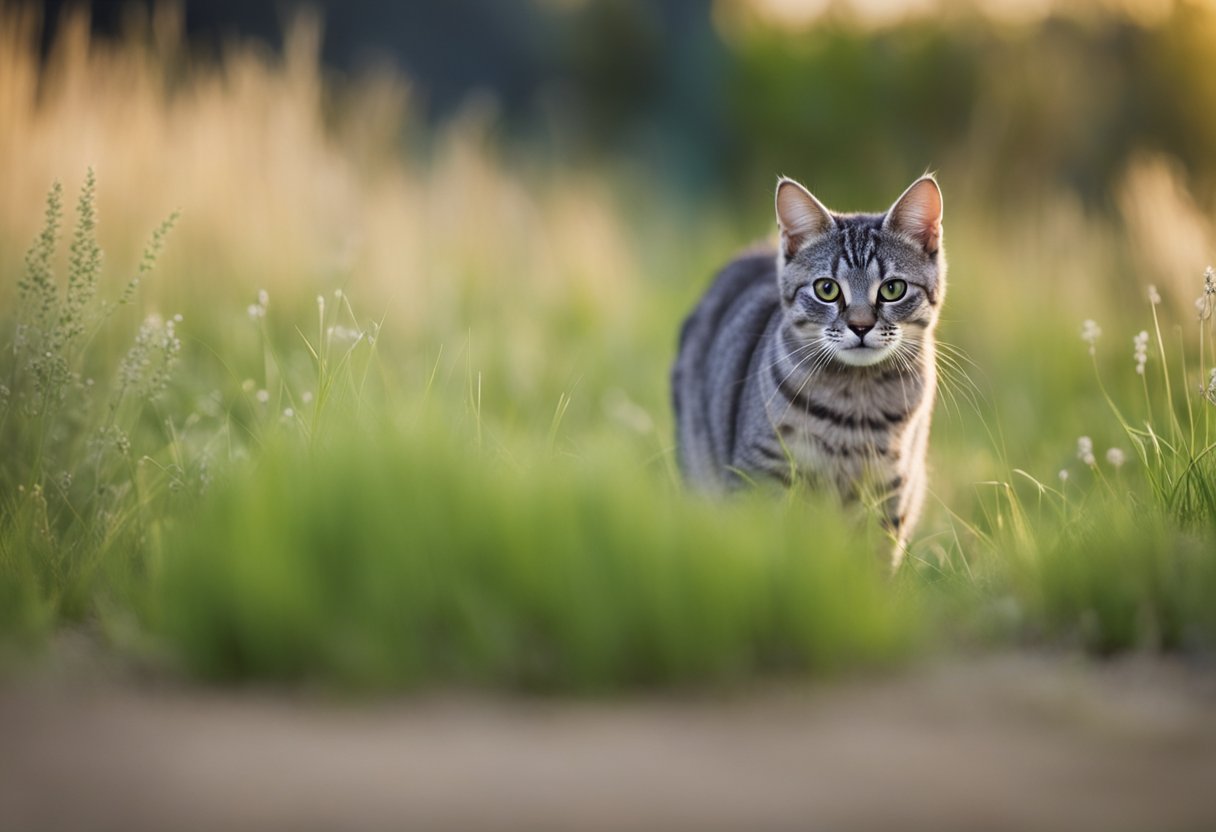 A cat stalking a chinchilla in a grassy field, with its ears perked and eyes focused on the small prey