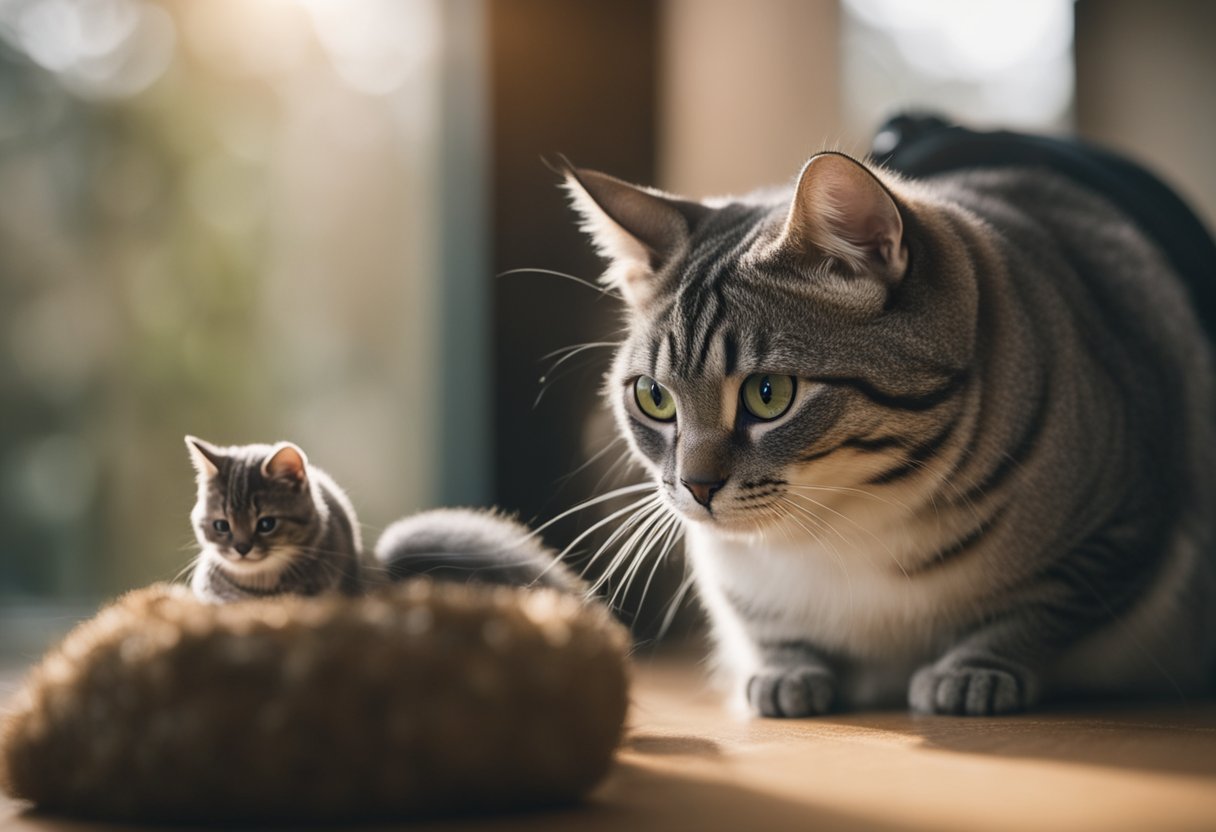 A curious cat watches a chinchilla cautiously from a distance, while the chinchilla nervously sniffs the air, keeping a safe distance from the cat