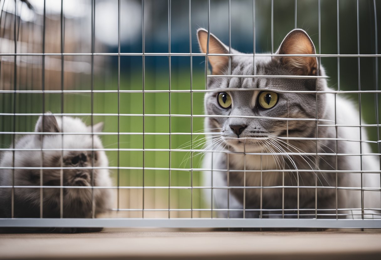 A curious cat peers into a cage with a chinchilla inside, while a group of people look on with questioning expressions