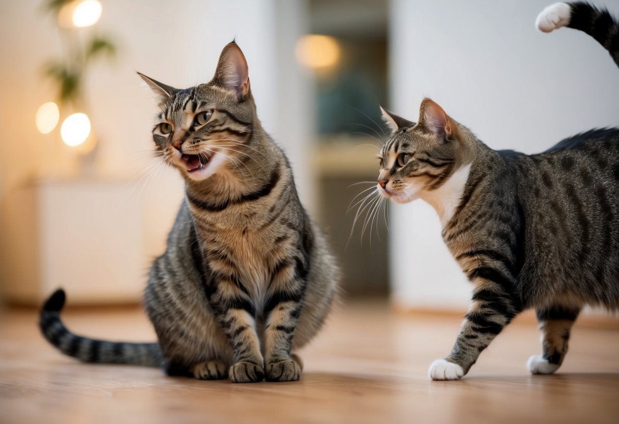 Eine Katze zischt und krümmt ihren Rücken, die Ohren angelegt, während eine andere Katze sich nähert, der Schwanz aufgeplustert.