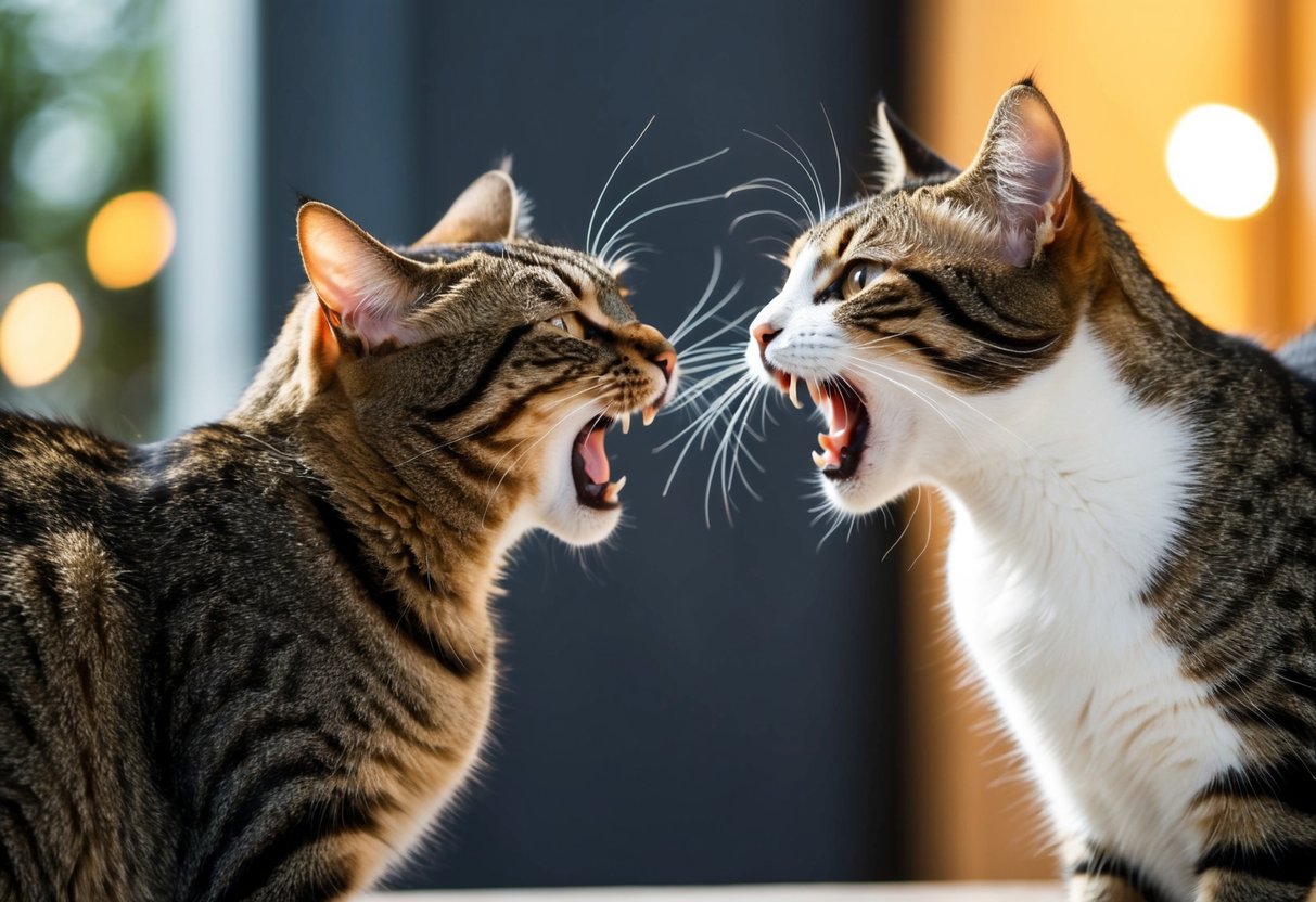 Eine Katze zeigt aggressives Verhalten gegenüber einer anderen Katze, mit aufgerichtetem Fell und gewölbtem Rücken, zischend und mit gefletschten Zähnen.