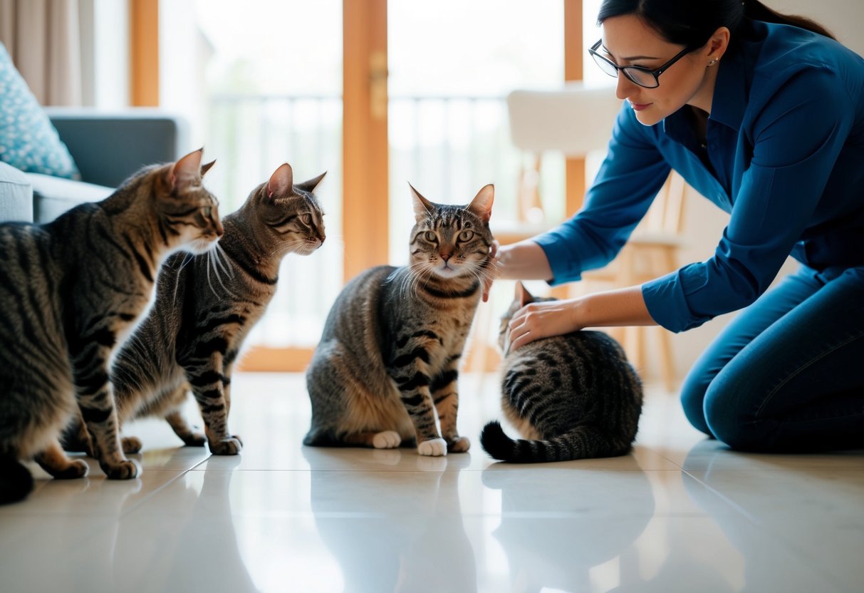 Mehrere Katzen, die in einer häuslichen Umgebung friedlich interagieren, wobei eine Katze aggressives Verhalten zeigt und von einem Fachmann durch Verhaltenstherapie geleitet wird.