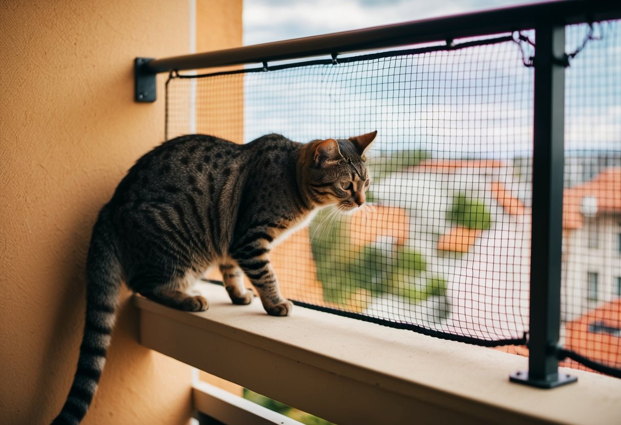 Eine Katze erkundet sicher einen Balkon, der von einem Schutznetz umgeben ist.