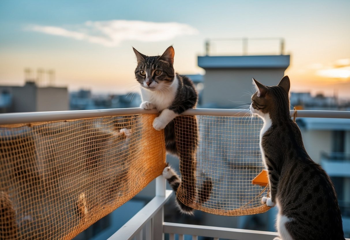 Eine Montage von Sicherheitsnetzen, die auf einem Balkon installiert werden, um Katzen zu schützen.