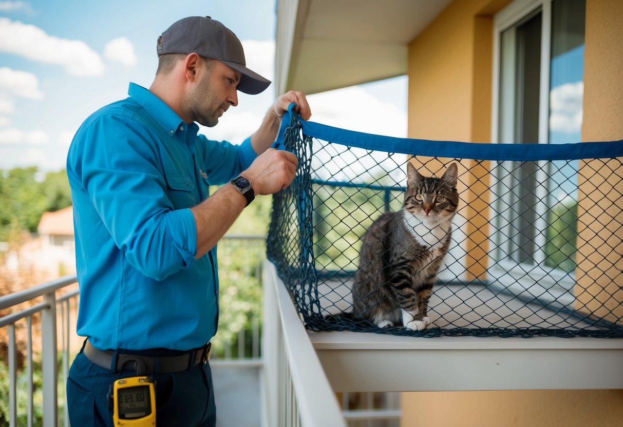 Eine Person installiert Sicherheitsnetze auf einem Balkon, um Katzen zu schützen.