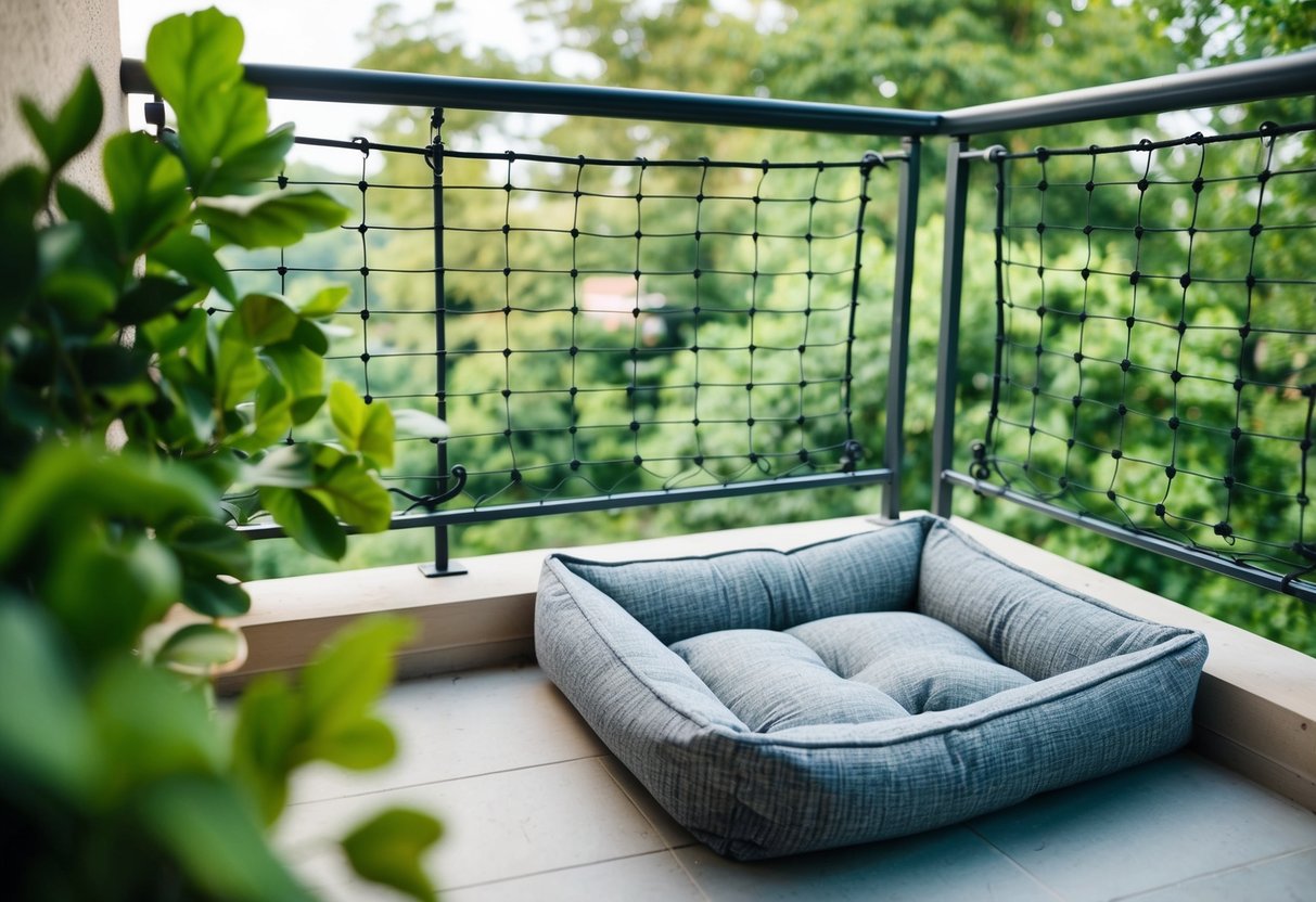 Ein Katzenbalkon mit installierten Sicherheitsnetzen, umgeben von üppigem Grün und einem gemütlichen Katzenbett