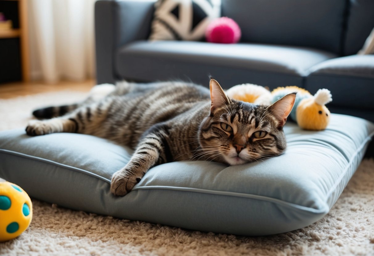 Eine zufriedene Katze faulenzt auf einem weichen Kissen, umgeben von Spielzeugen und einem gemütlichen Bett, mit einem entspannten Ausdruck im Gesicht.