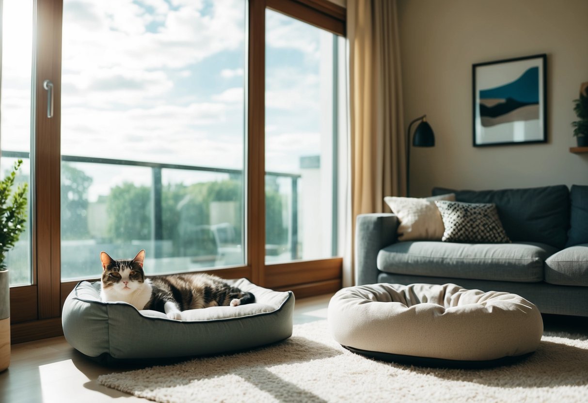 Ein gemütliches Wohnzimmer mit einem großen Fenster, einem bequemen Katzenbett und einer faulen Katze, die sich im Sonnenlicht aalt.