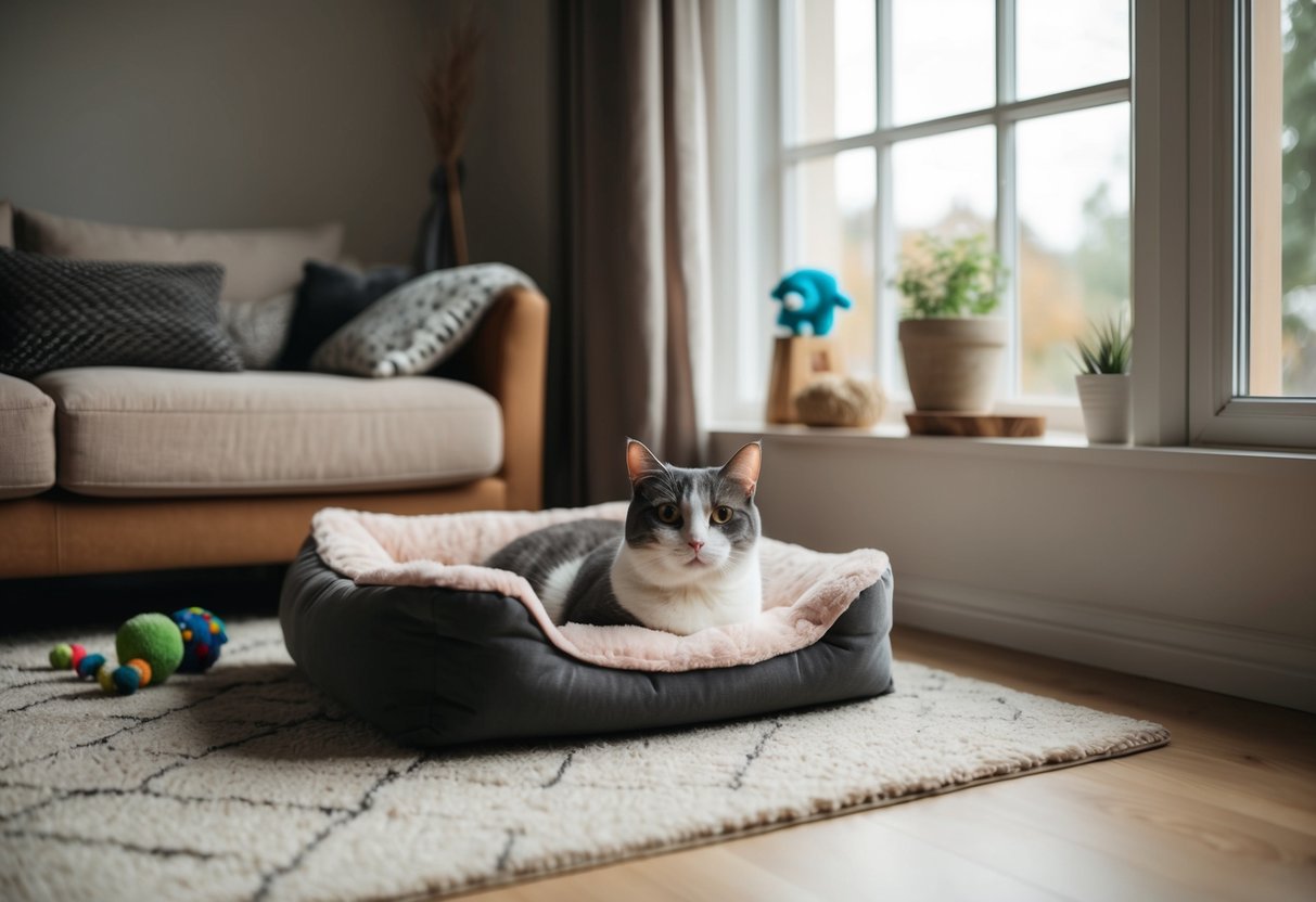 Ein gemütliches Wohnzimmer mit einem plüschigen Katzenbett, Spielzeug und einer Fensterbank für eine entspannte, energiearme Katzenrasse.