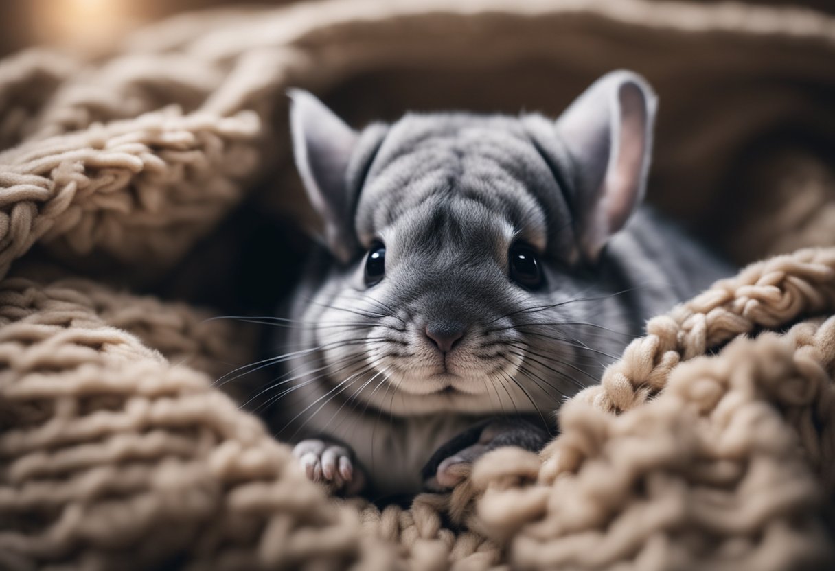 A chinchilla nestled in a cozy blanket, being gently cradled by a pair of soft, furry paws