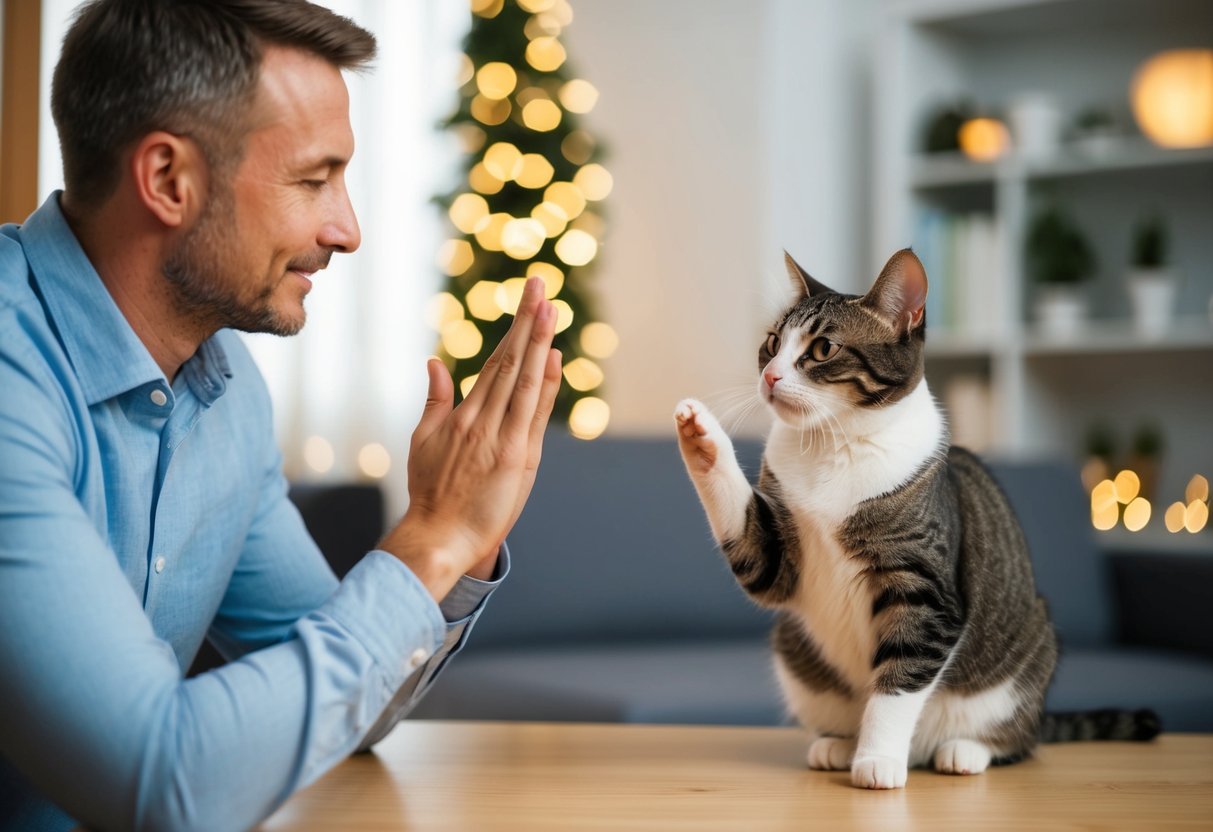 Eine taube Katze, die von ihrem Besitzer mit visuellen Hinweisen und Gesten Gebärdensprache lernt.