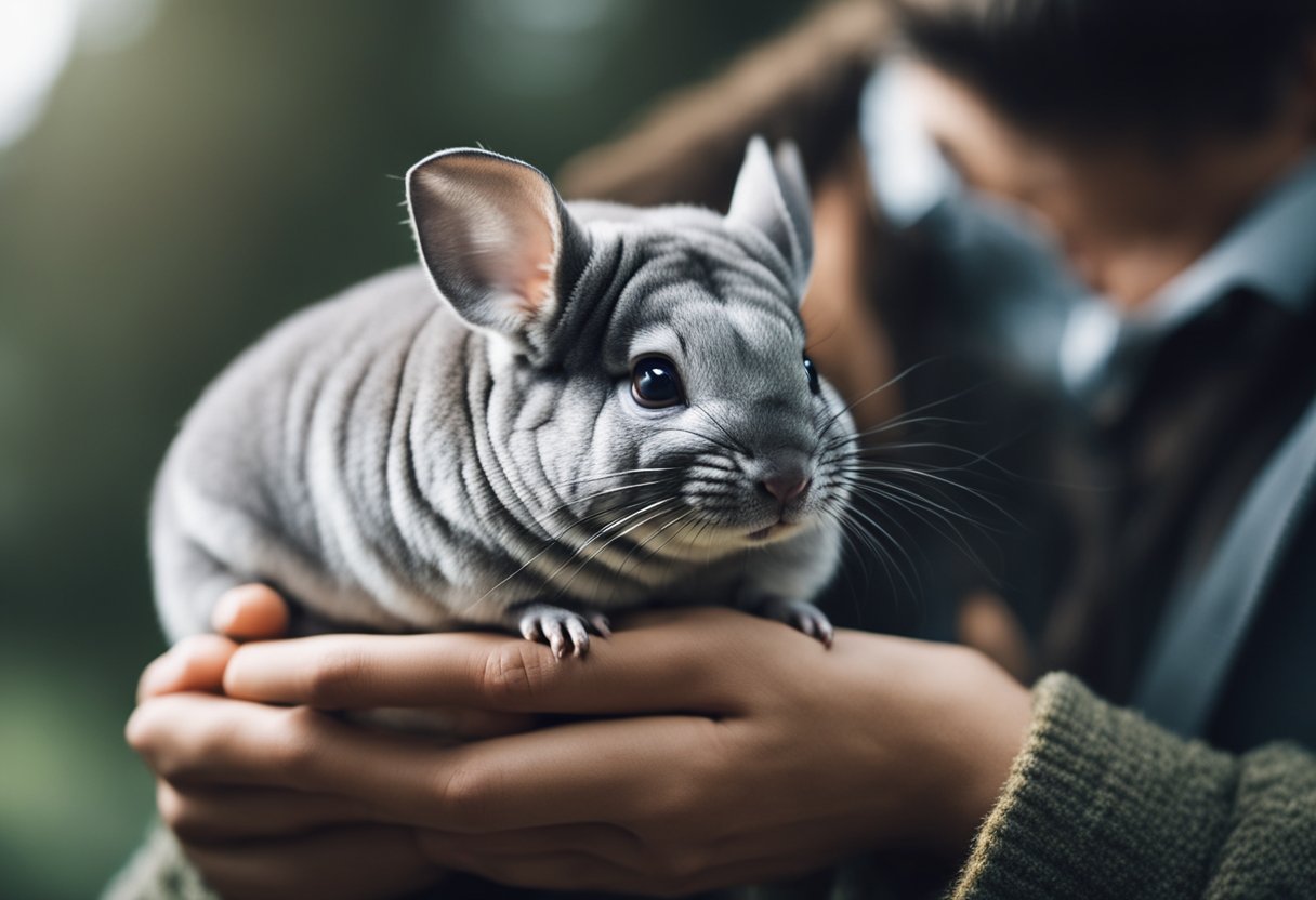 A chinchilla nestled comfortably in a person's arms, with a content expression and relaxed body language