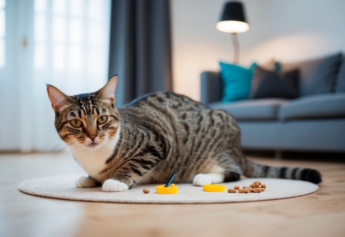 Eine taube Katze, die visuelle Hinweise nutzt, um Tricks mit einem Clicker und Leckerlis in einem ruhigen, gut beleuchteten Raum zu lernen.