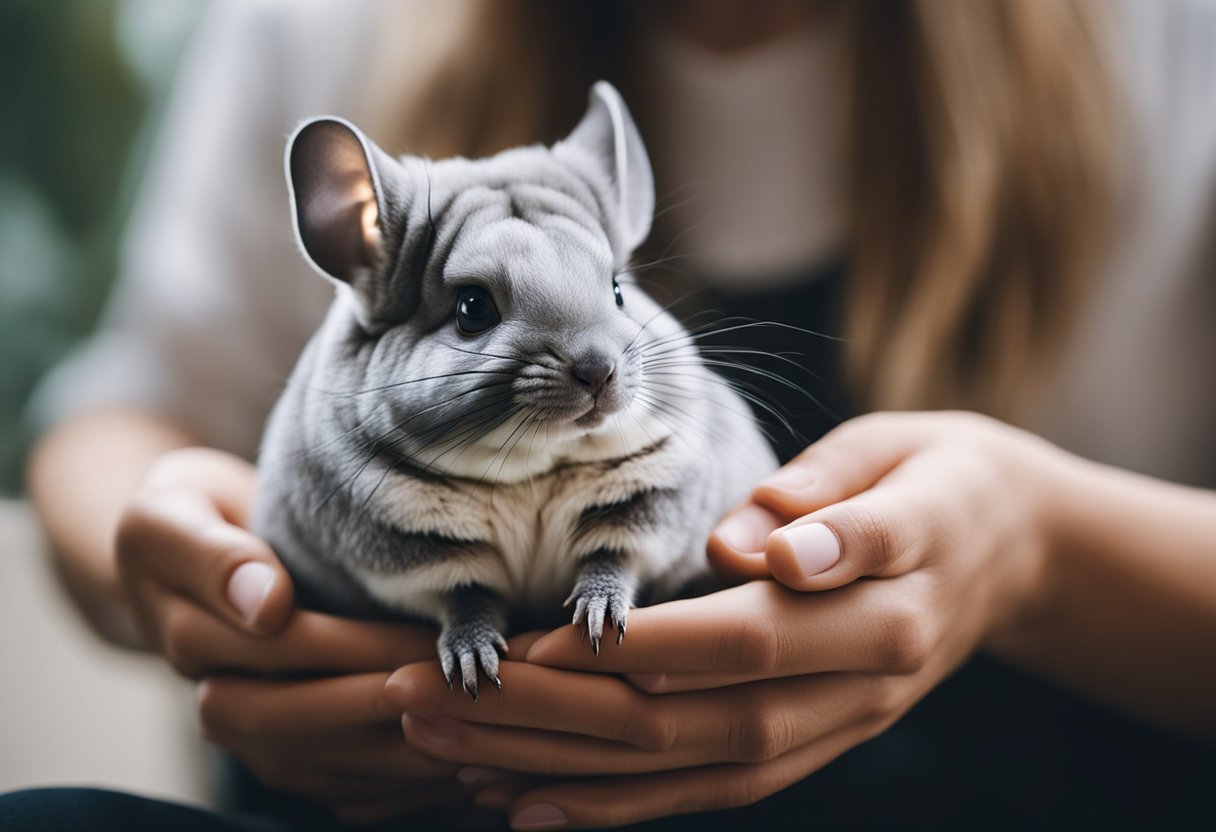 A chinchilla sitting calmly in someone's lap, enjoying being gently held and petted