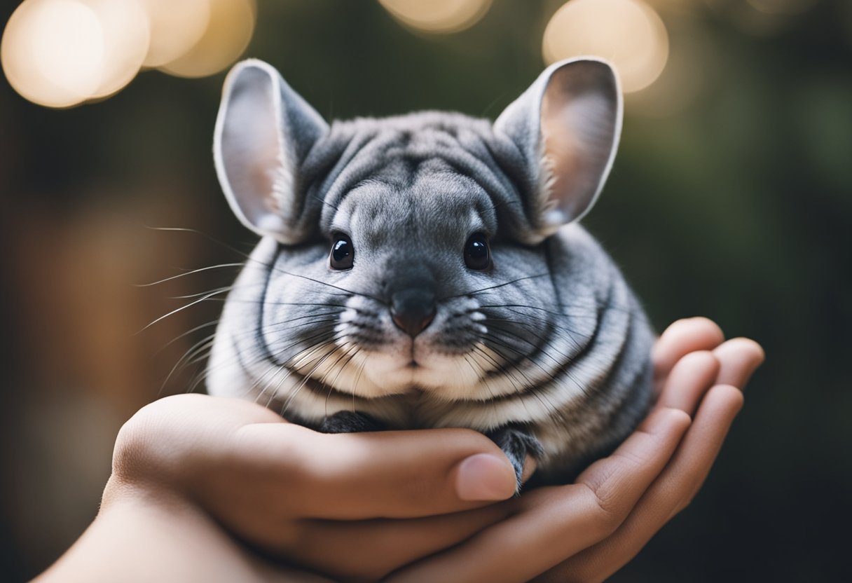 A chinchilla nestled in a person's arms, looking content and relaxed