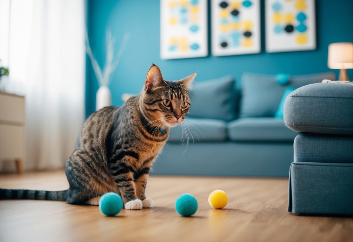 Eine taube Katze, die in einem ruhigen, aufgeräumten Raum mit visuellen Signalen Tricks lernt.