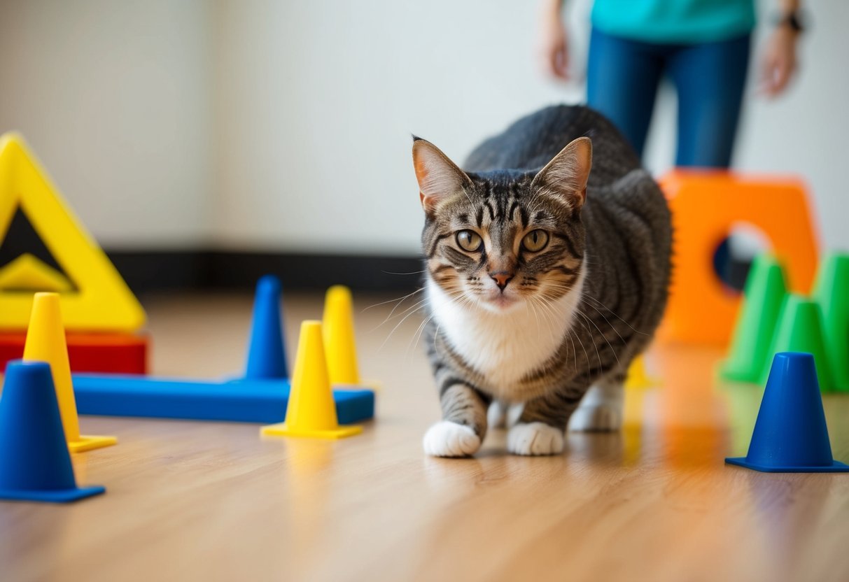 Eine taube Katze lernt Sicherheitstipps in einer Trainingsumgebung mit visuellen Hinweisen und Hindernissen.