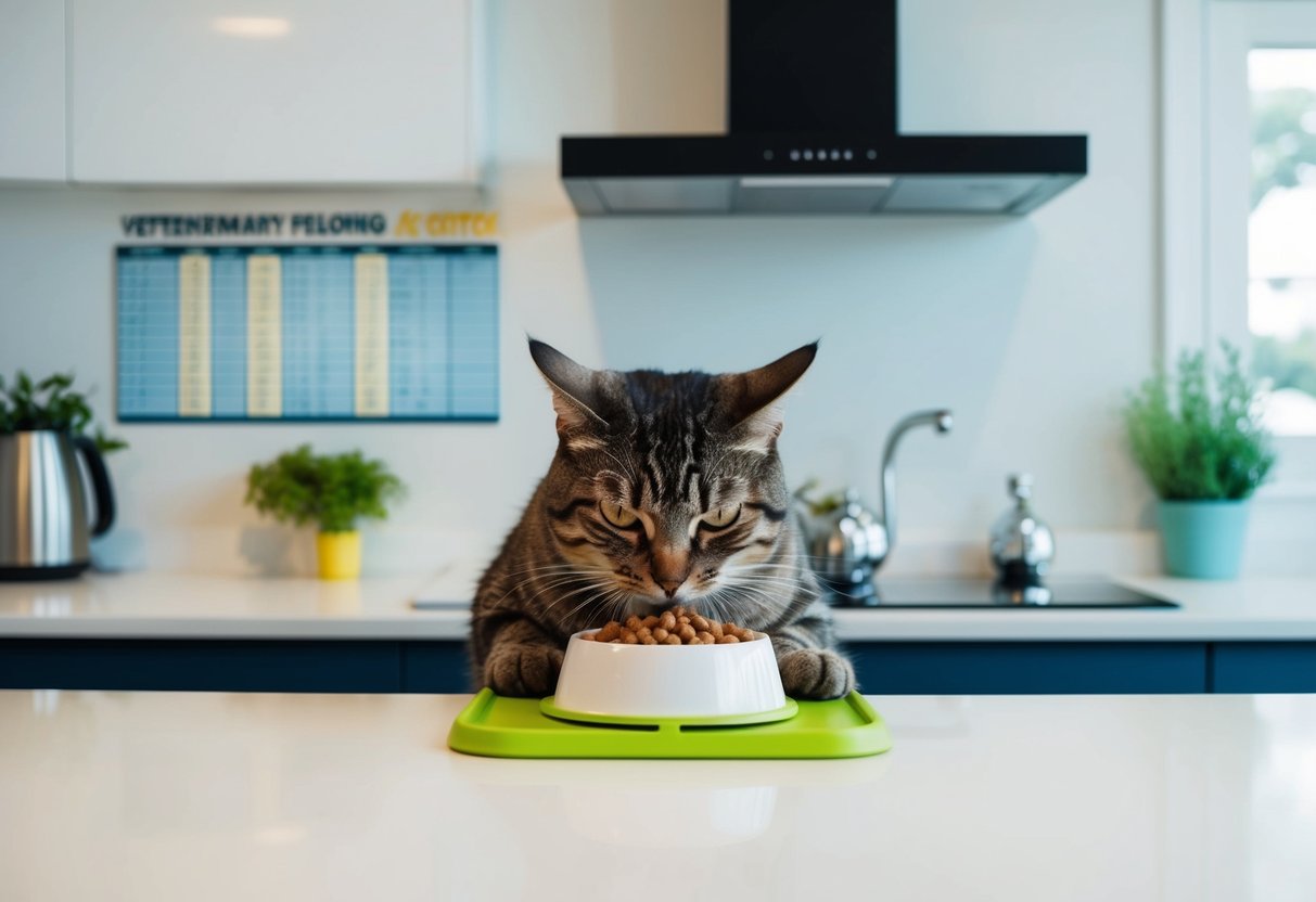 Eine Katze, die spezielles Futter für die Harnwegsgesundheit in einer modernen, sauberen Küche frisst, mit einem von einem Tierarzt genehmigten Fütterungsplan an der Wand.