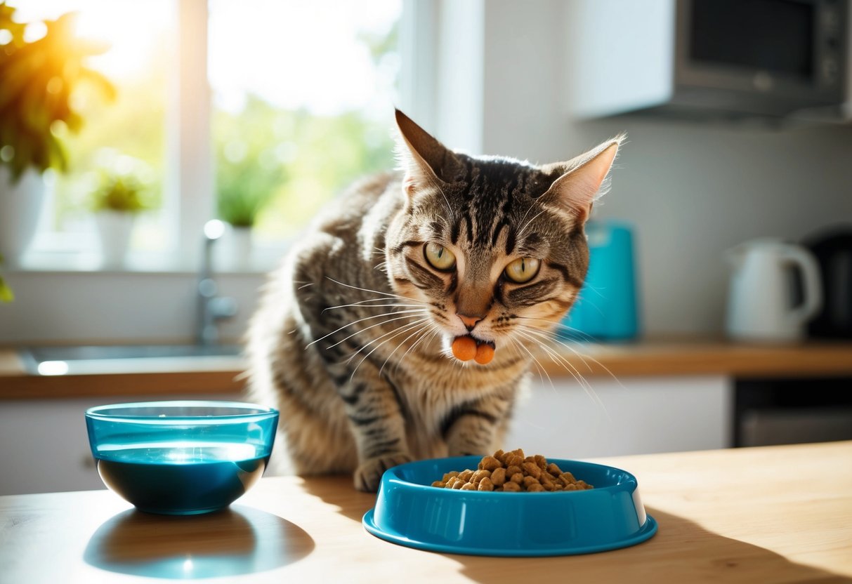 Eine Katze, die spezielles Futter für die Harnwegsgesundheit in einer sonnigen Küche mit einem Wassernapf in der Nähe frisst.