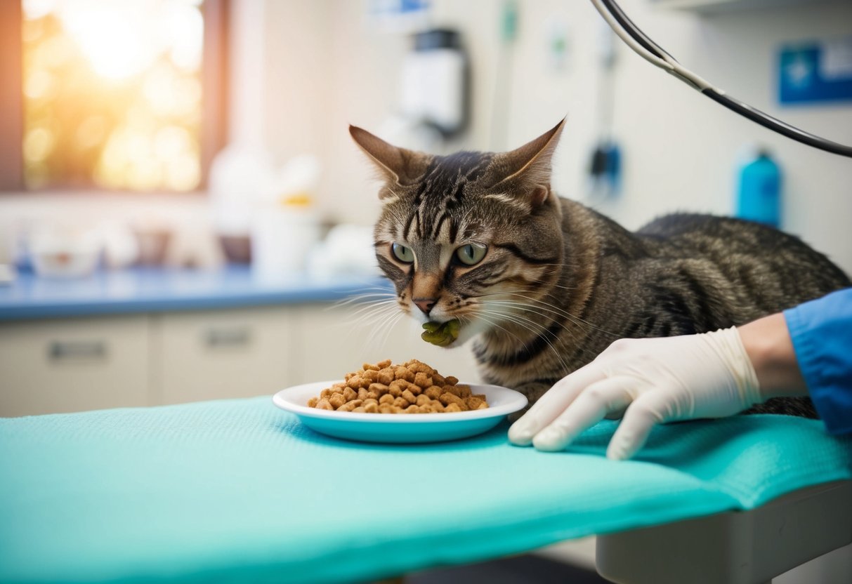 Eine Katze, die spezielles Futter frisst, während sie in einer Tierklinik wegen Harnwegsproblemen behandelt wird.