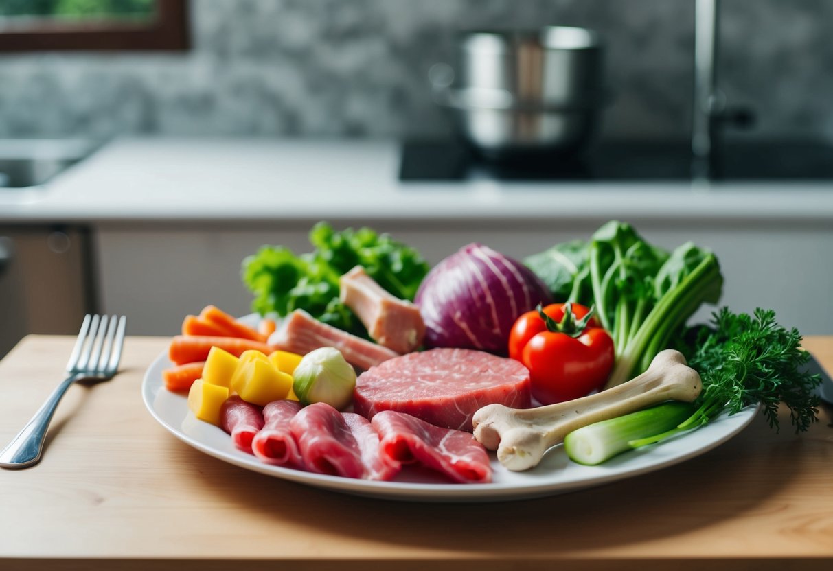 Eine Vielzahl von rohem Fleisch, Knochen und Gemüse auf einem Teller für die BARF-Diät eines Hundes.