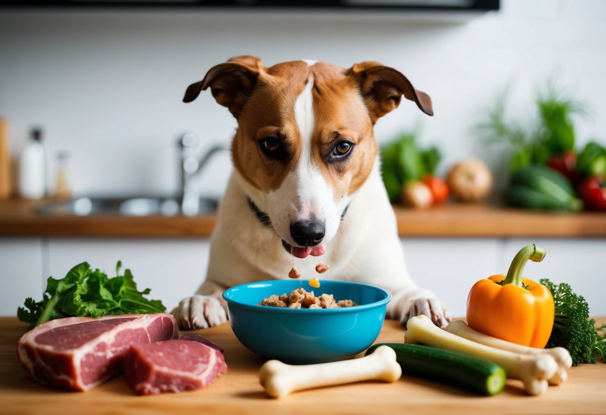 Ein Hund, der aus einer Schüssel eine ausgewogene Barf-Diät frisst, umgeben von frischem rohem Fleisch, Knochen und Gemüse.