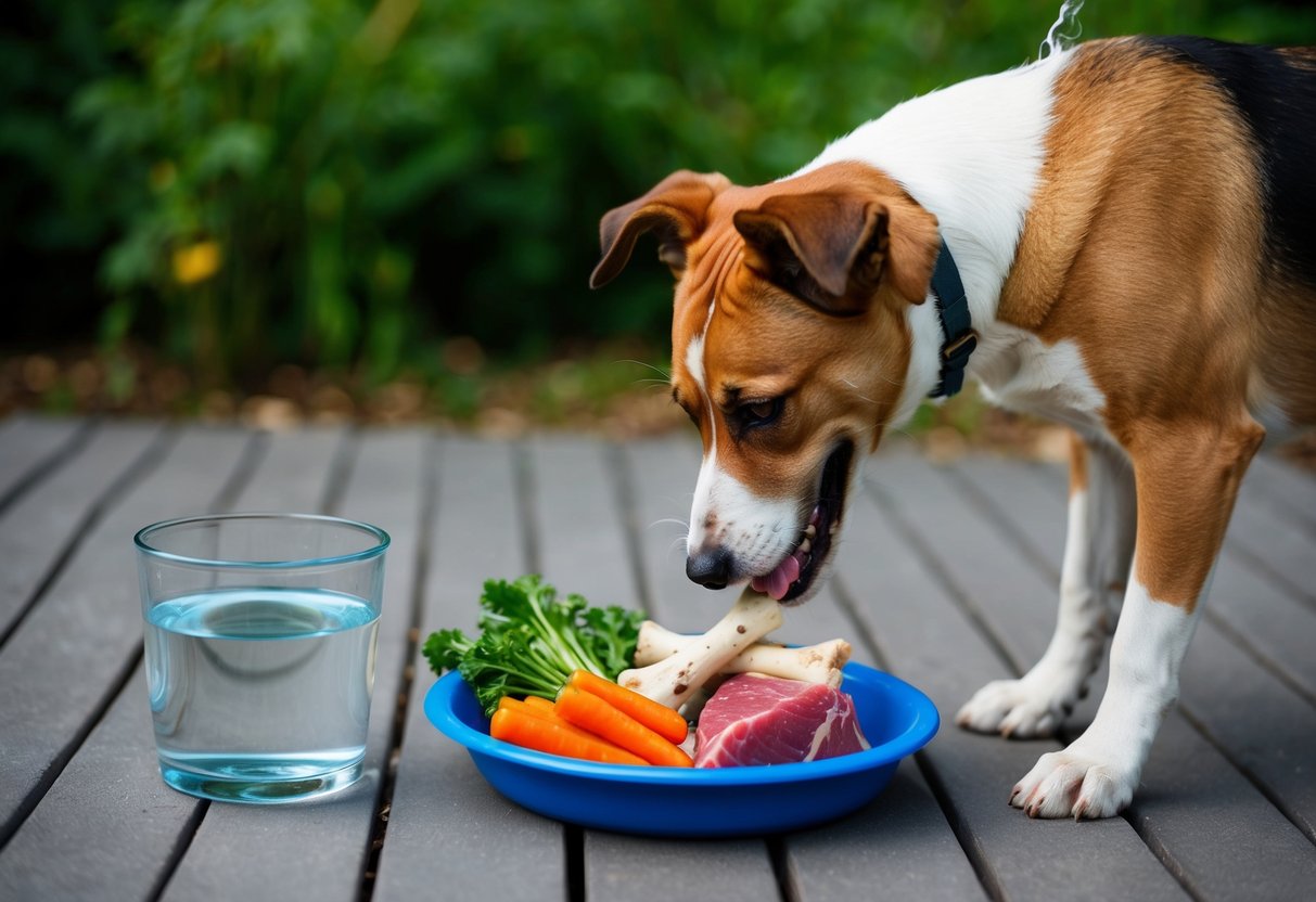 Ein Hund, der eine ausgewogene Mahlzeit aus rohem Fleisch, Knochen und Gemüse isst, mit einer Schüssel frischem Wasser in der Nähe.