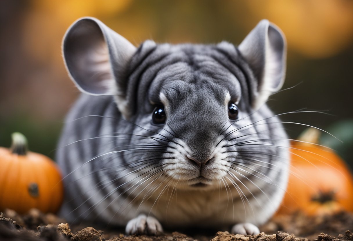 A chinchilla nibbles on a slice of pumpkin, its whiskers twitching as it enjoys the treat