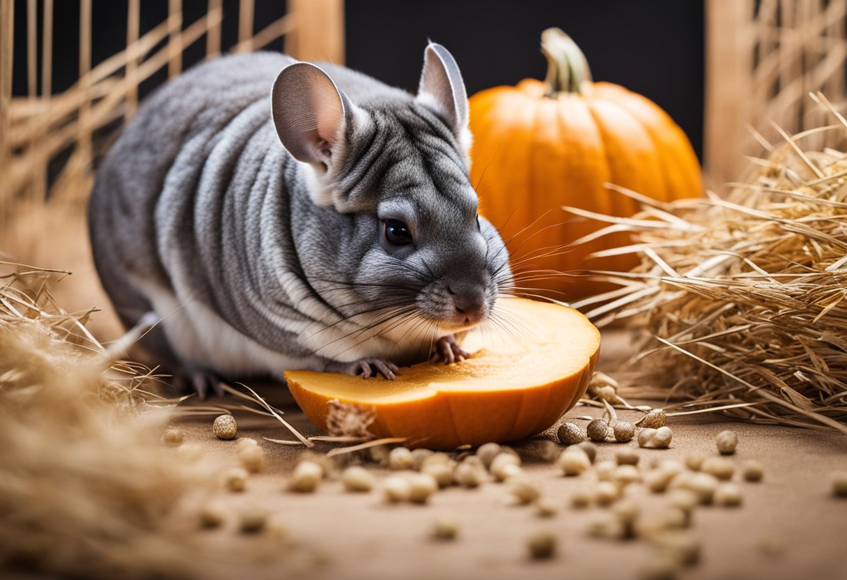 A chinchilla nibbles on a slice of pumpkin, surrounded by hay and pellets in its cage