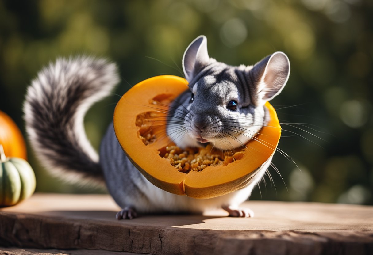 A chinchilla eagerly nibbles on a slice of pumpkin, its whiskers twitching with delight