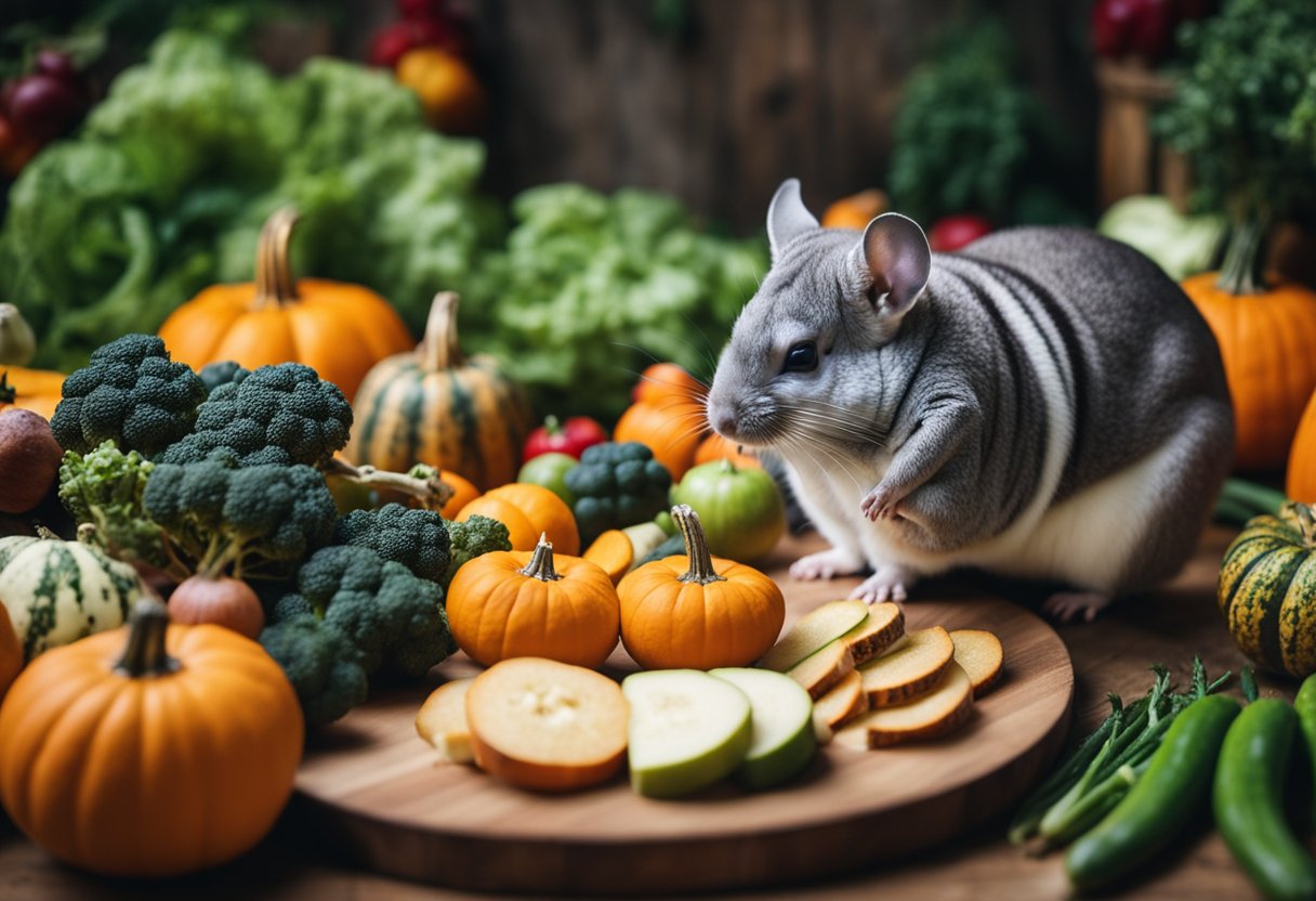 A chinchilla nibbles on a slice of pumpkin, surrounded by various vegetables and fruits