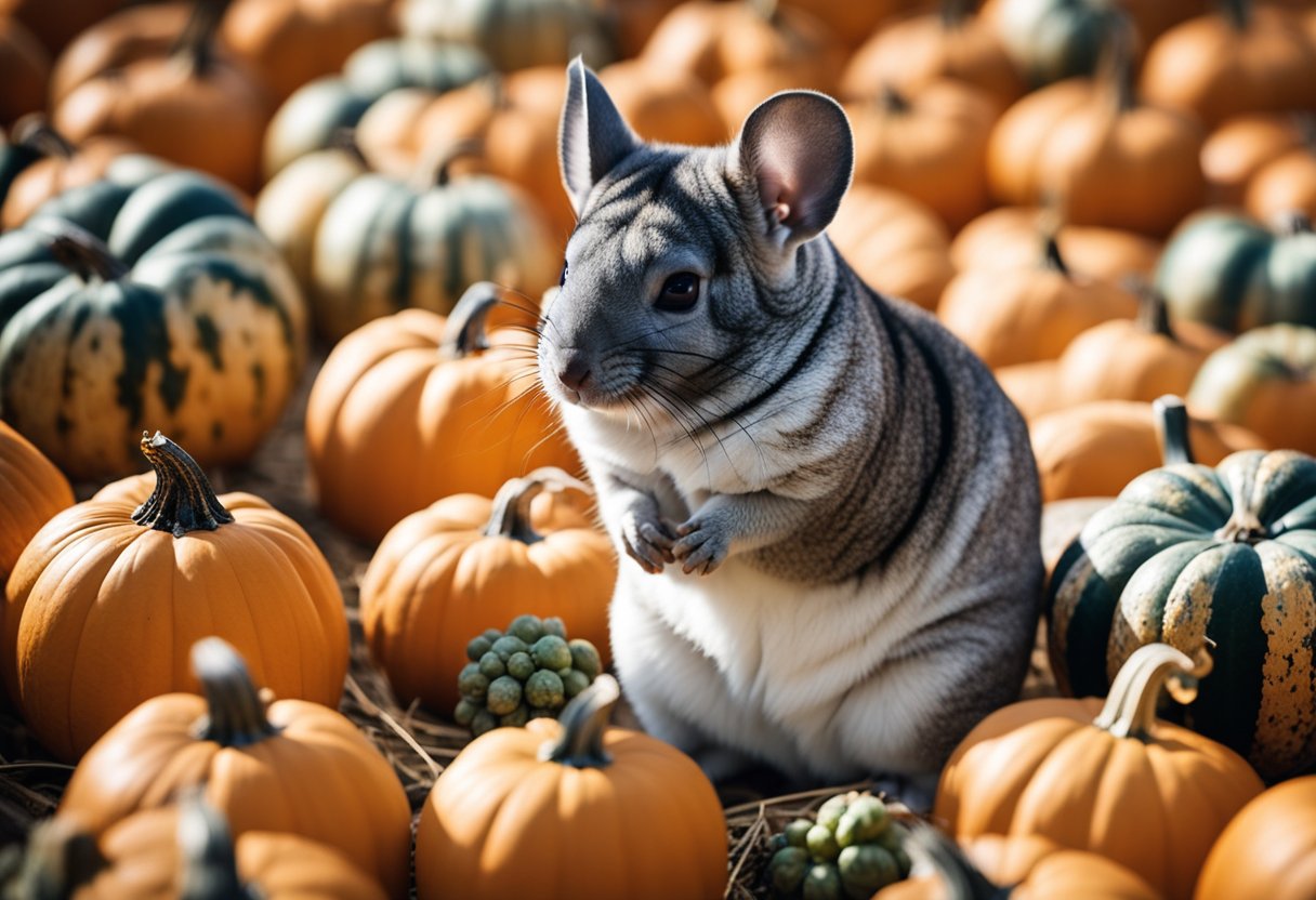 A chinchilla sitting next to a pile of pumpkins, sniffing and nibbling on a small piece