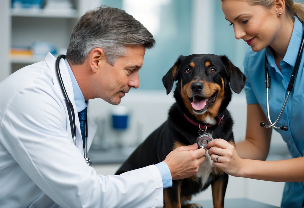 Ein Tierarzt untersucht das Herz eines Hundes mit einem Stethoskop, während eine andere Person sich um einen Hund mit Herzproblemen kümmert.