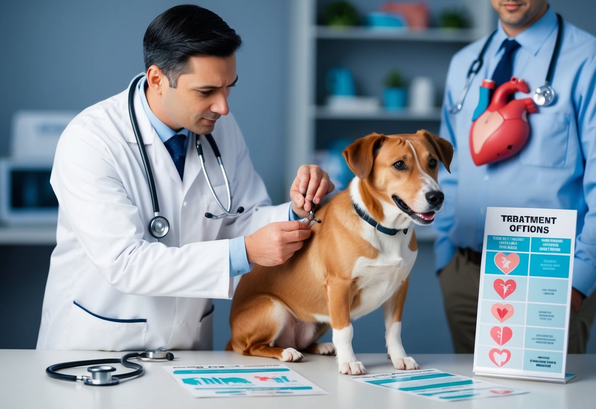 Ein Tierarzt, der das Herz eines Hundes mit einem Stethoskop untersucht, während verschiedene Behandlungsoptionen für Herzprobleme auf einem nahegelegenen Tisch angezeigt werden.