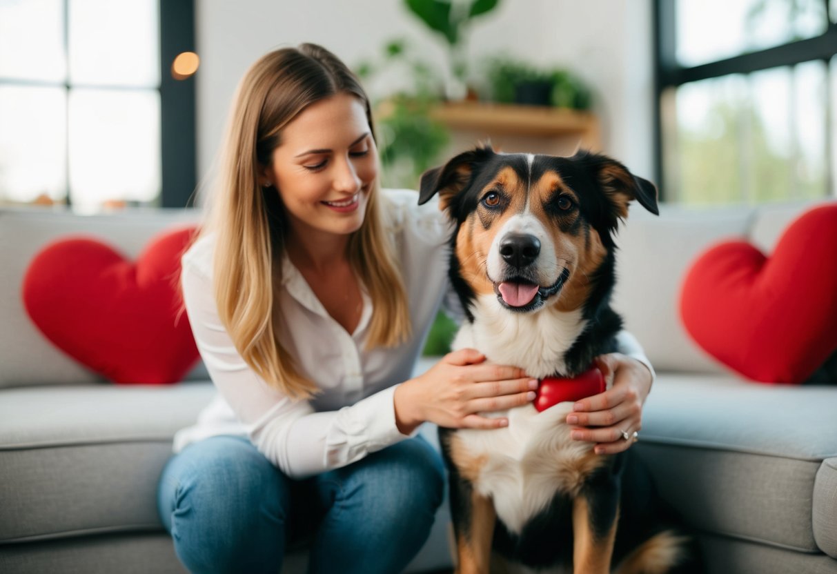 Ein Hundebesitzer, der mit Liebe und Unterstützung für einen hund mit Herzproblemen sorgt