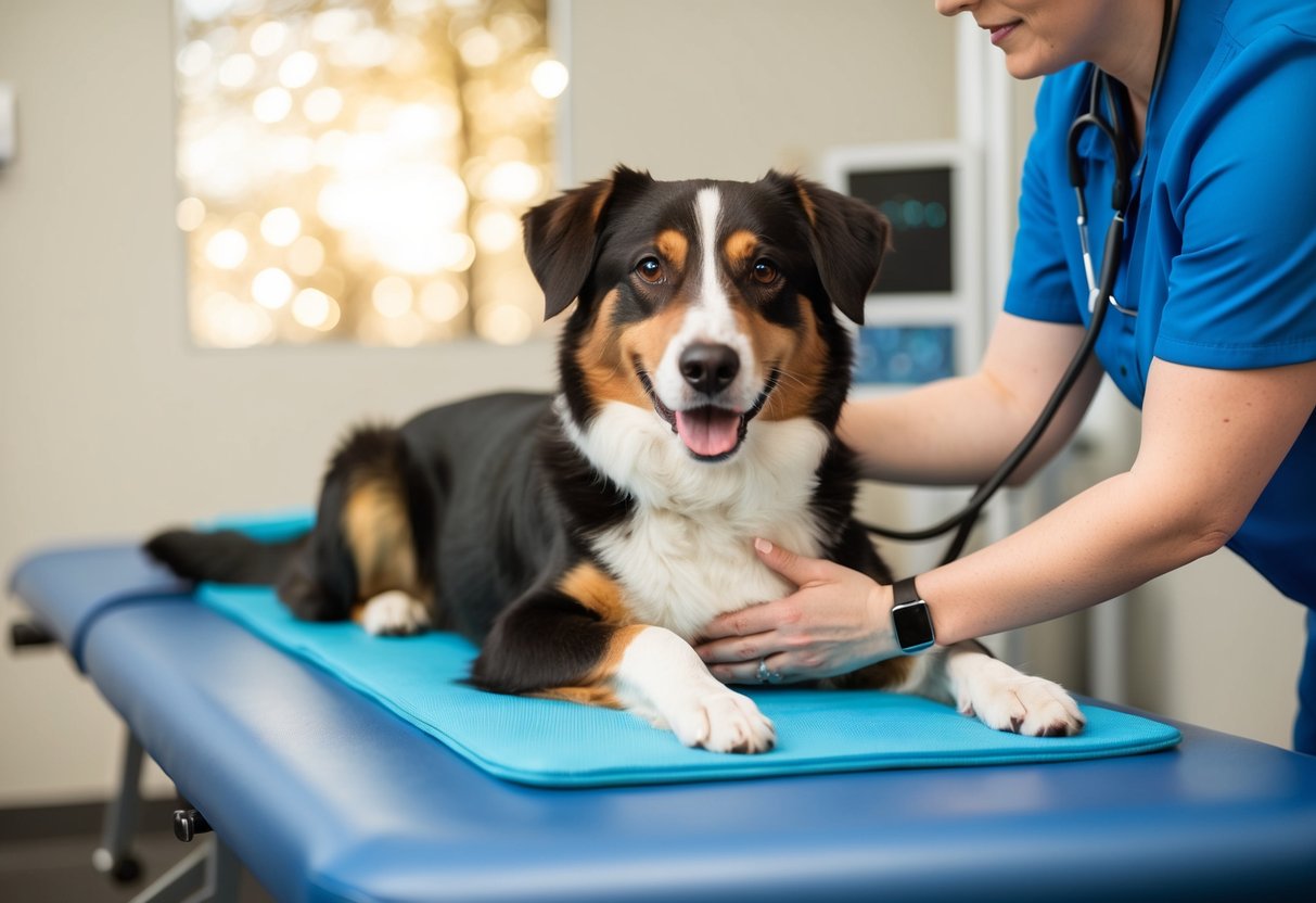 Ein Hund, der in einer klinischen Umgebung von einem Therapeuten physikalische Therapieübungen und Massagetechniken erhält.