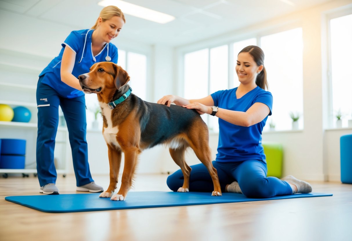 Ein Hund führt spezifische Physiotherapie-Übungen unter Anleitung eines Therapeuten in einem hellen, geräumigen Raum mit spezialisiertem Equipment durch.