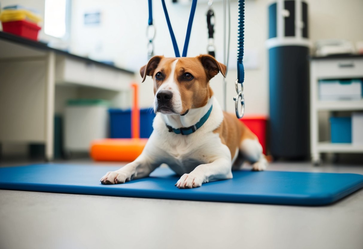 Ein Hund, der Physiotherapie-Übungen mit verschiedenen Geräten in einer Tierklinik durchführt.