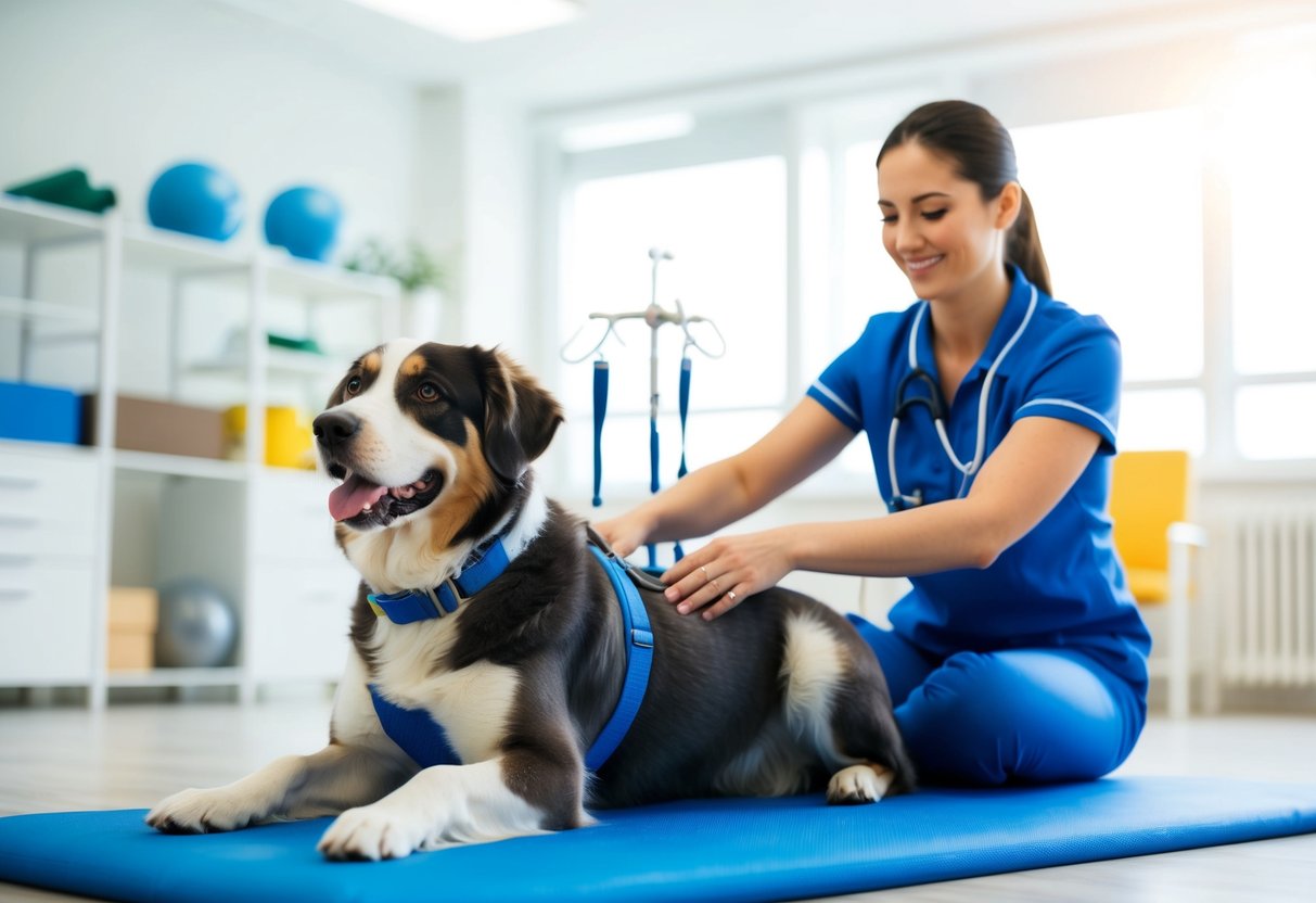 Ein Hund, der Physiotherapie-Übungen in einem hellen, geräumigen Raum mit verschiedenen Geräten erhält, während ein fürsorglicher Therapeut die Sitzung leitet.