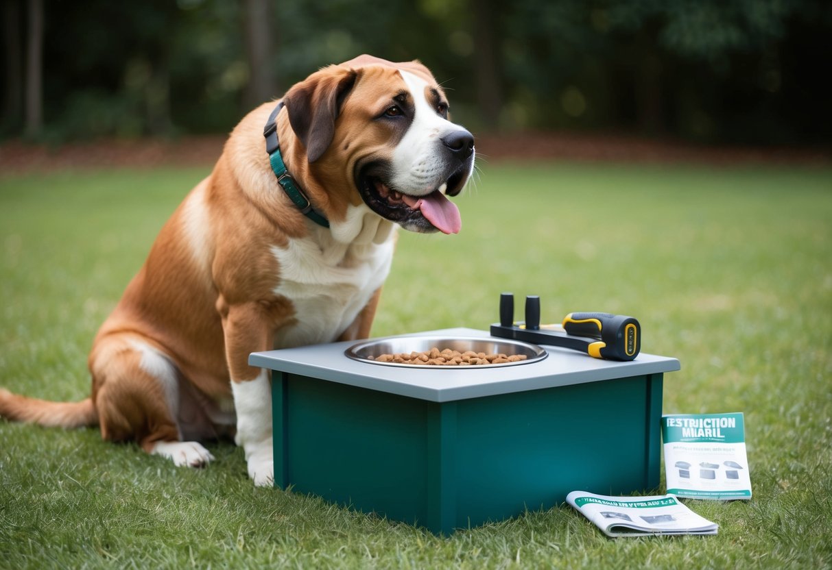 Ein großer Hund, der eine maßgefertigte erhöhte Futterstation genießt, mit einem Satz Werkzeuge und einem DIY-Anleitungsheft in der Nähe.