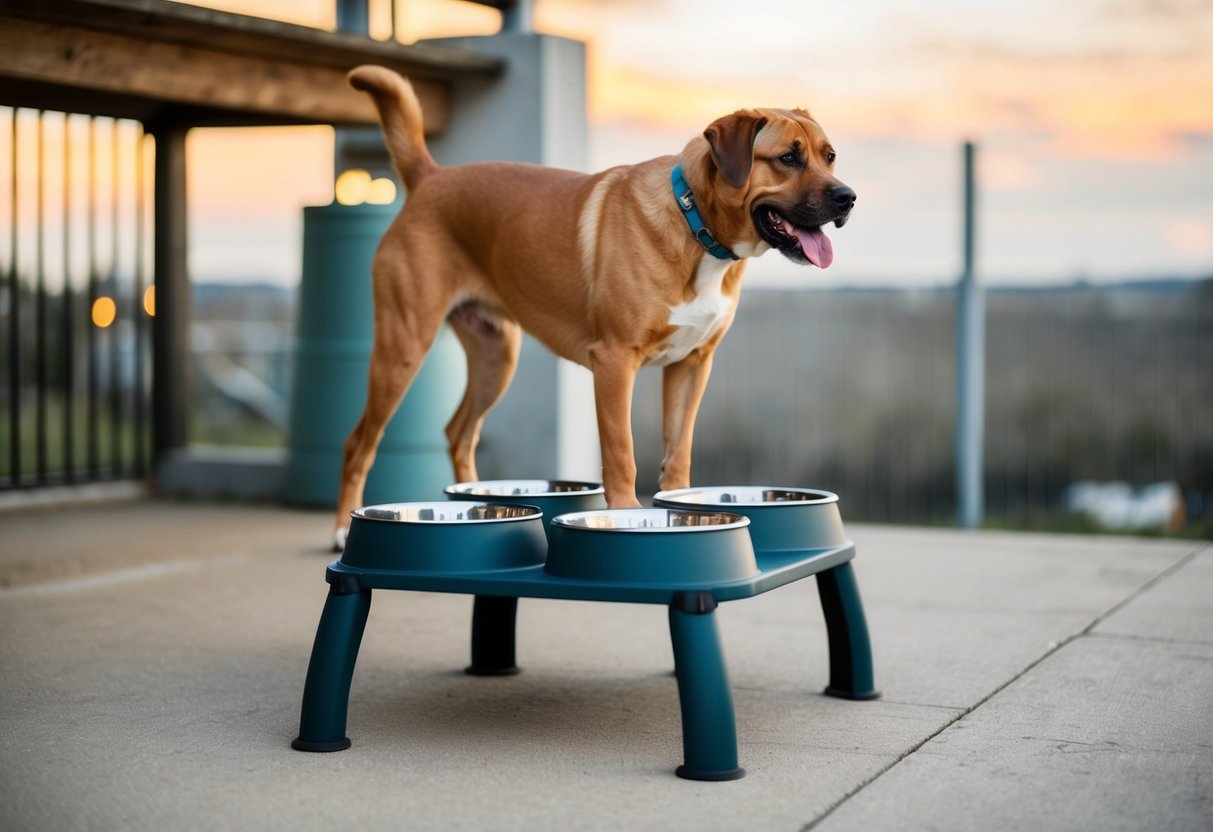 Eine robuste, erhöhte Futterstation für Hunde mit verstellbarer Höhe und mehreren Futter- und Wasserschalen, entworfen für große Hunderassen.