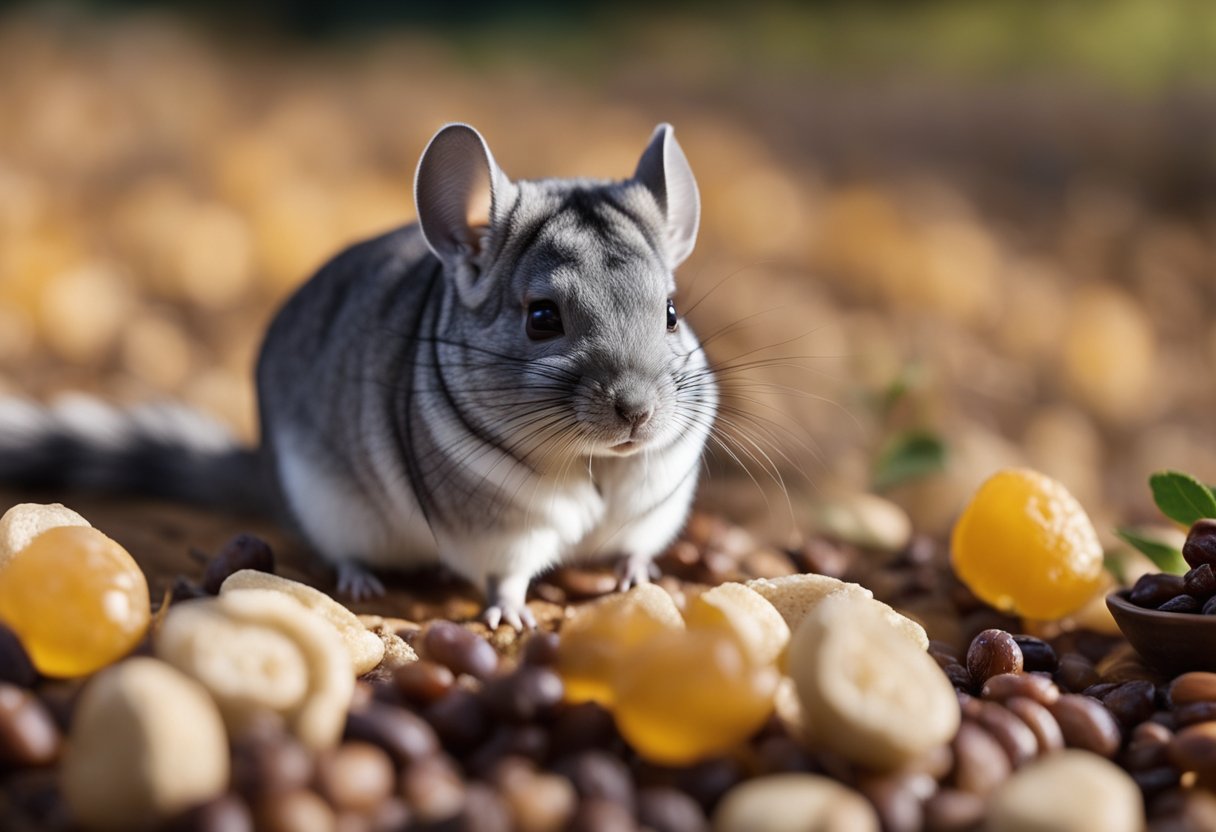 A chinchilla nibbles on a small pile of raisins scattered on the ground