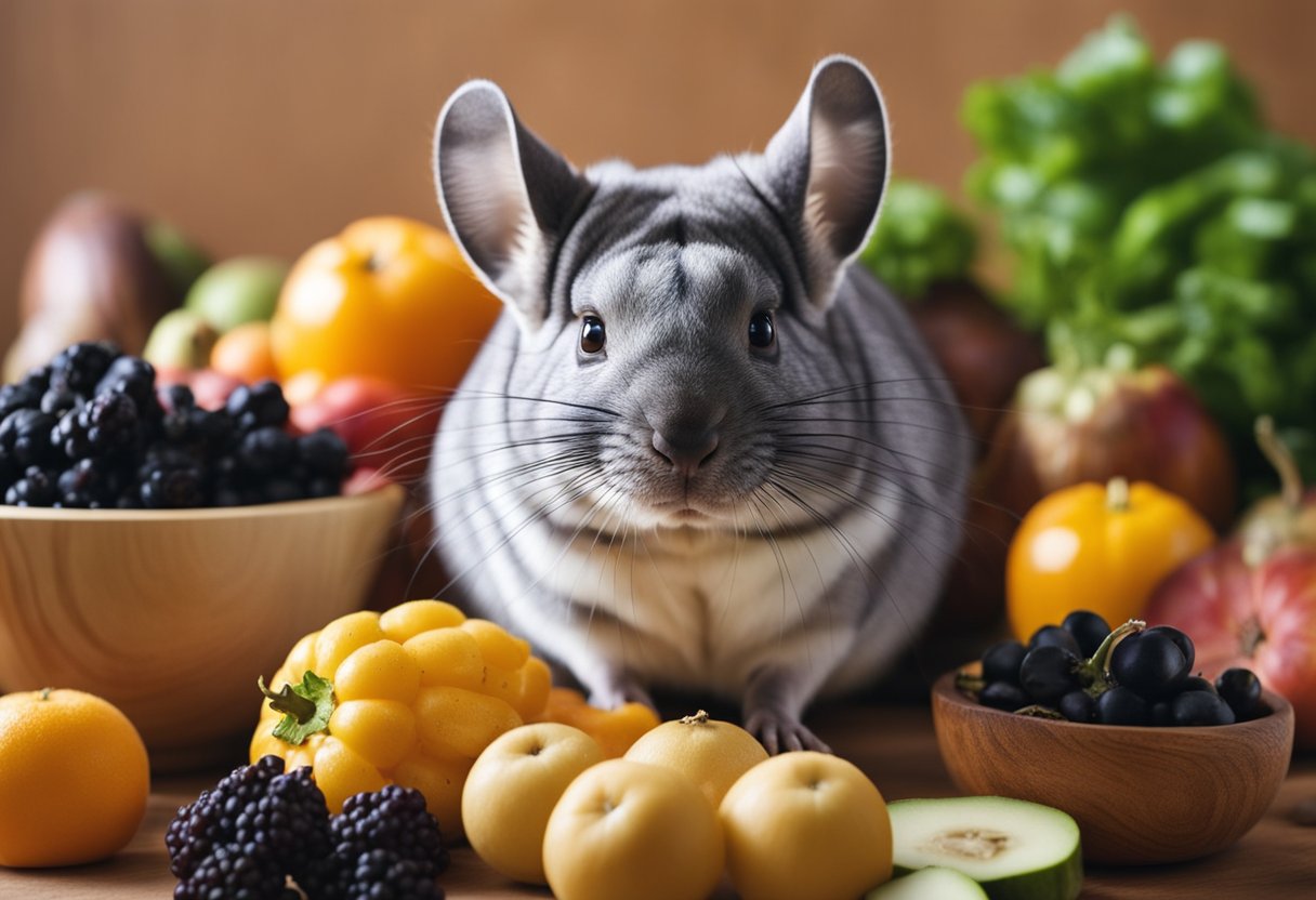 A chinchilla surrounded by a variety of fruits and vegetables, with a focus on a small pile of raisins