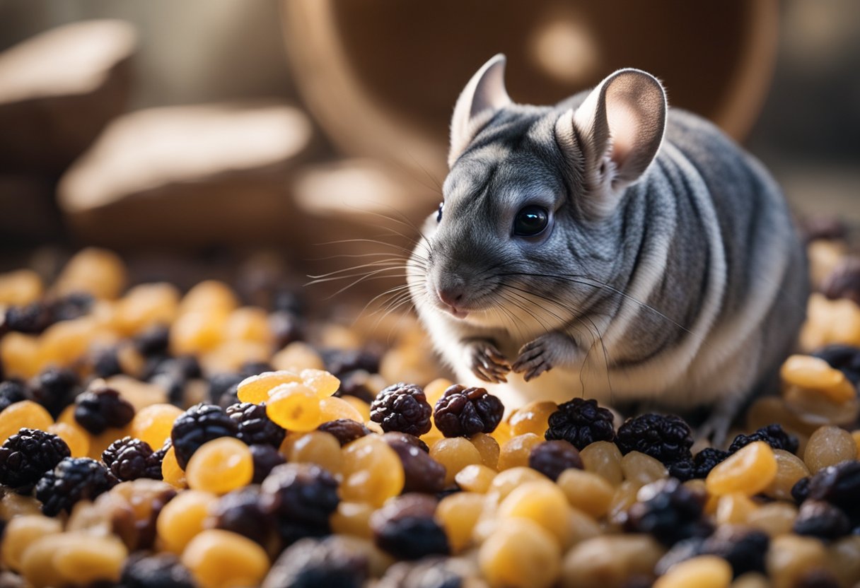 A chinchilla nibbles on a small pile of raisins in a safe and spacious enclosure