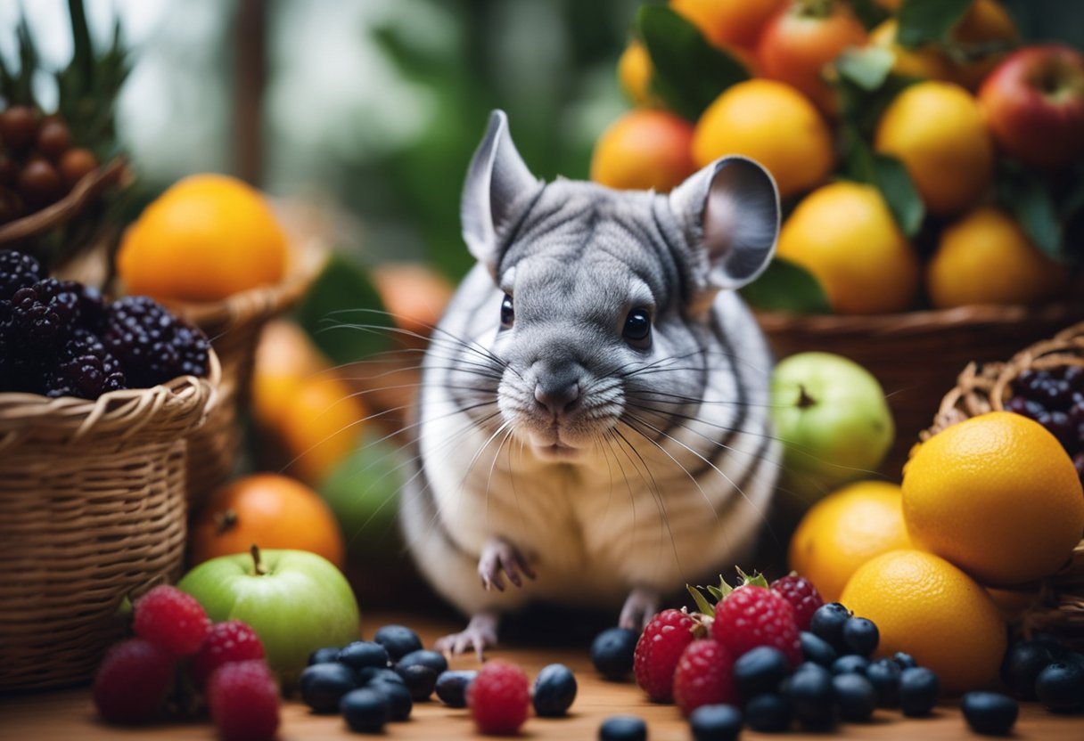 A chinchilla surrounded by various fruits including raisins, with a quizzical expression on its face