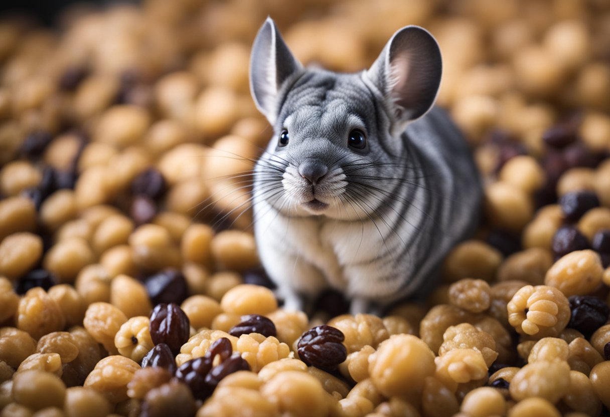 A chinchilla surrounded by a pile of raisins, with a curious expression on its face